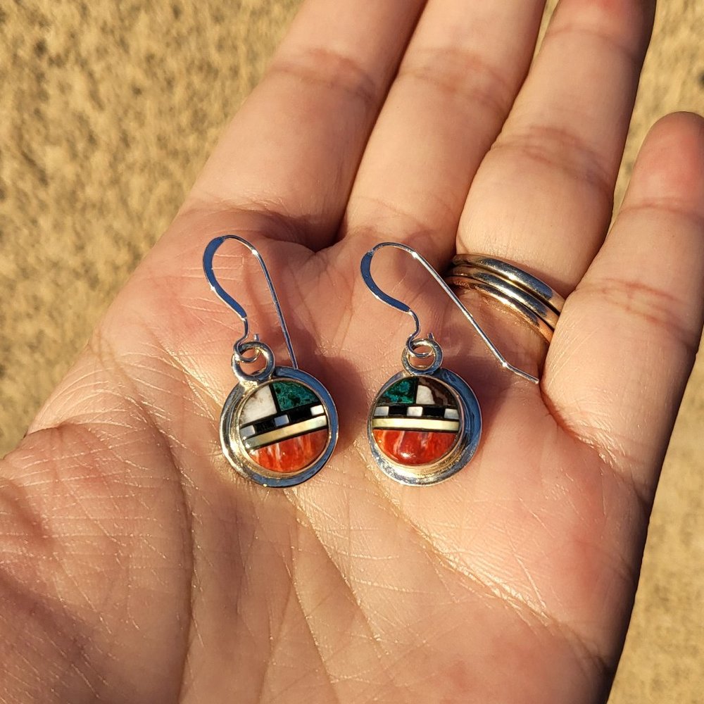 Zuni Sun Face Inlay Turquoise & Spiny Oyster Dangle Earrings NA Handmade Jewelry - Picture 4 of 8